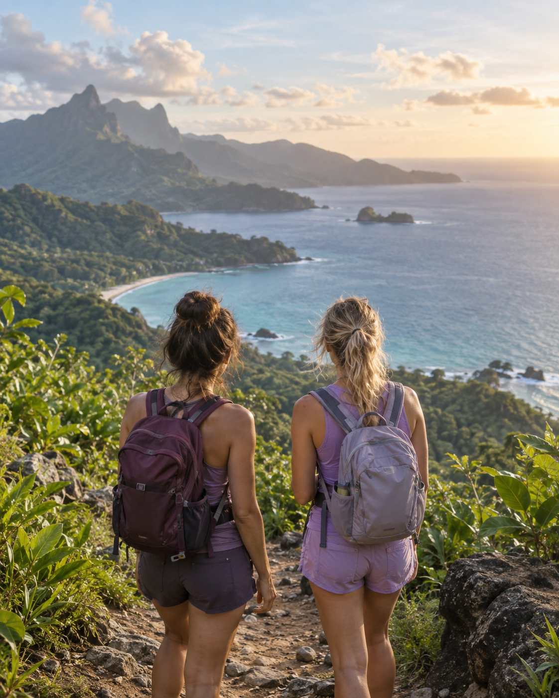 Duas amigas contemplando a paisagem em uma viagem pelo litoral